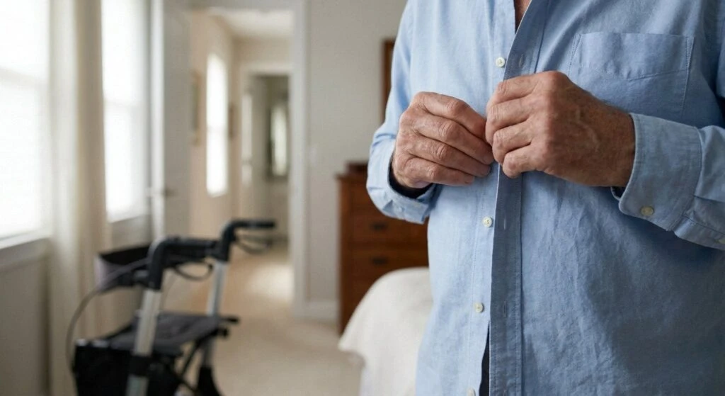 Doctor in white coat examines male patient's hands in a bright clinic